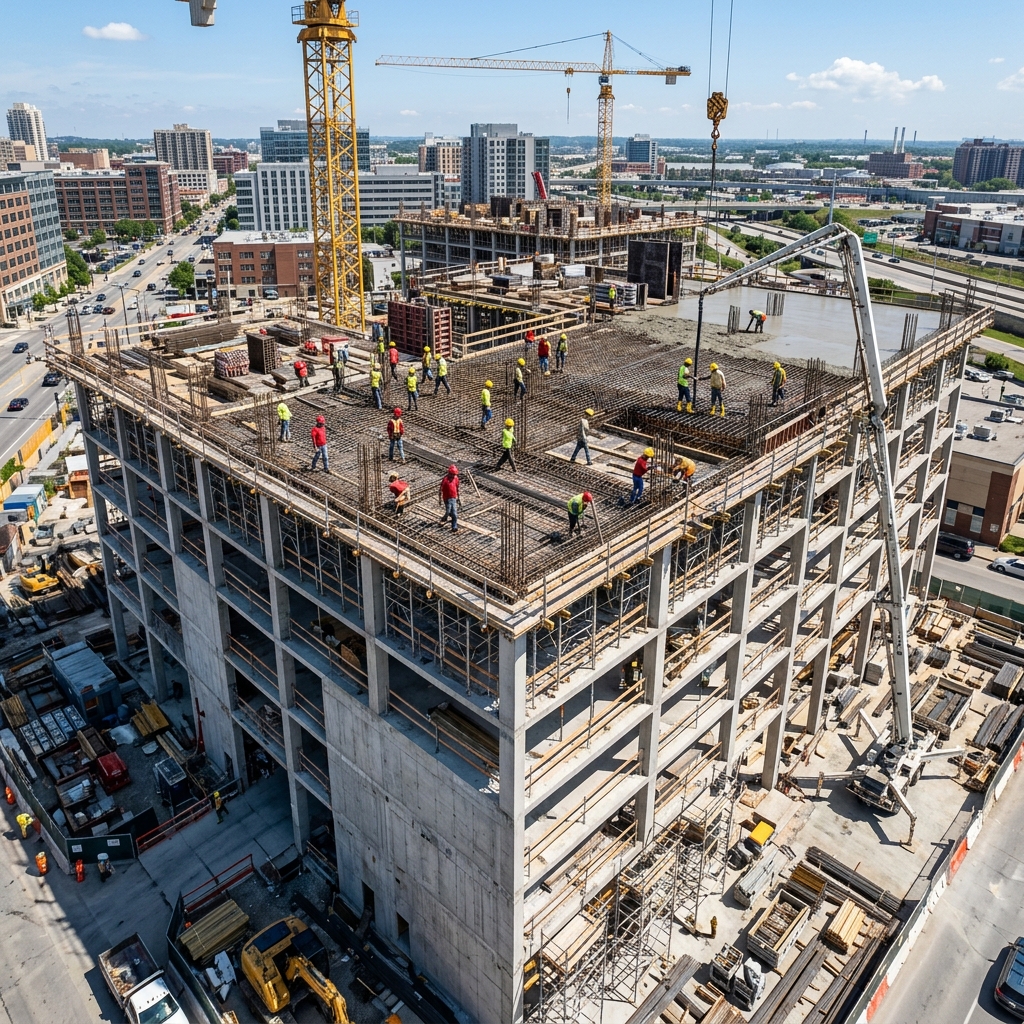 Construction workers building reinforced concrete structure