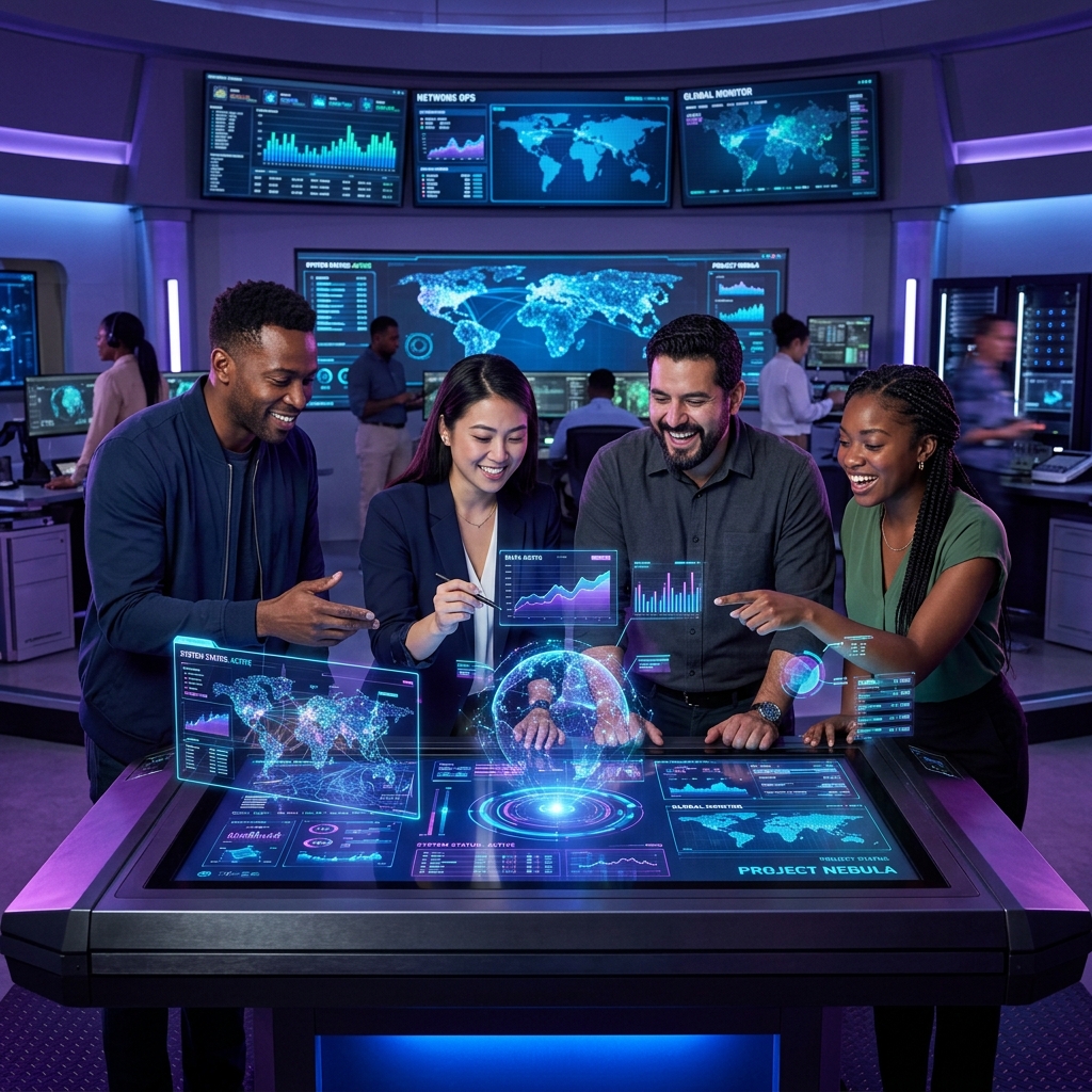 Operations management team collaborating with digital dashboards